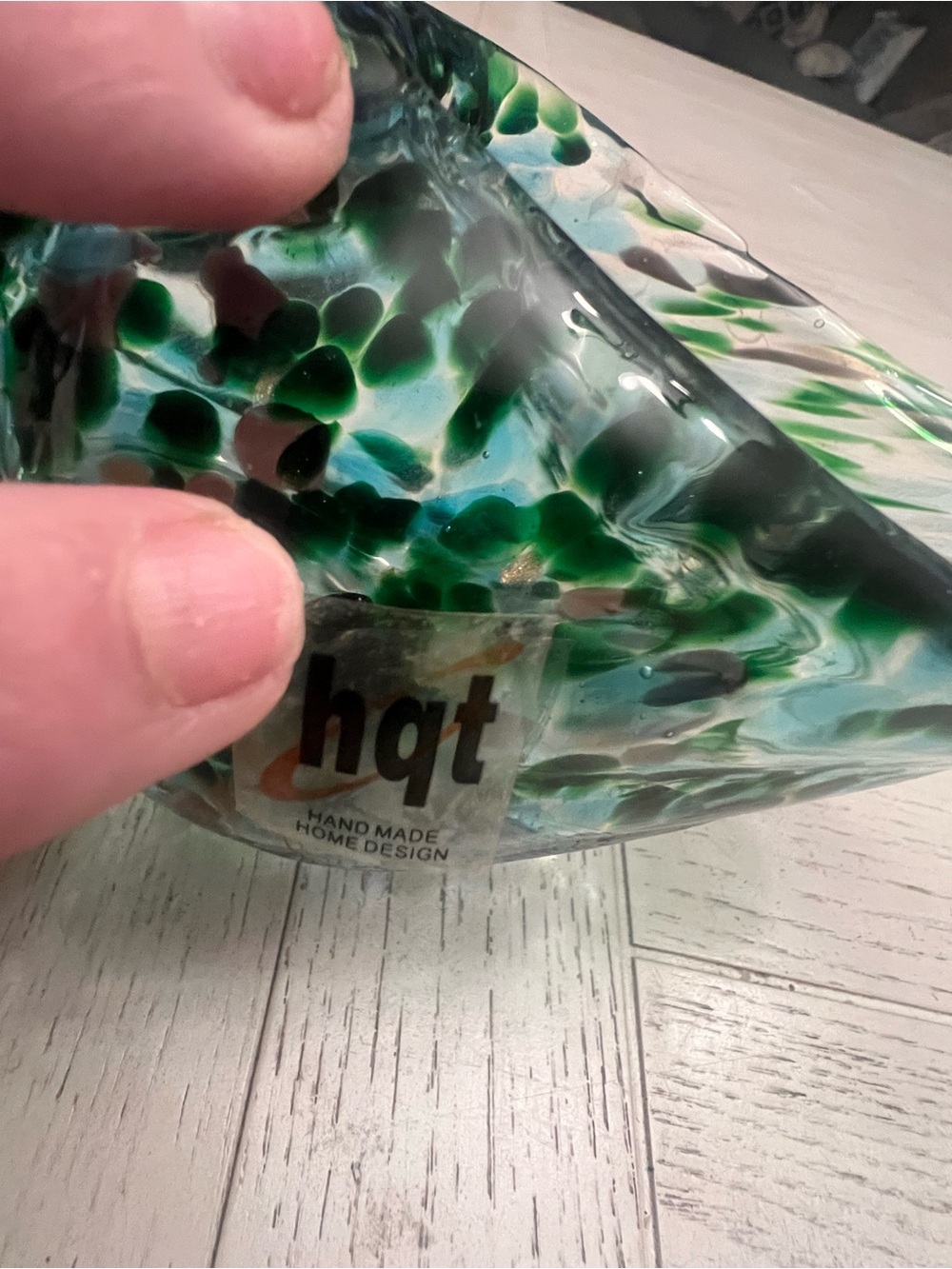 HQT Handblown Green/Teal Art Glass Shell Bowl -9” - Picture 4 of 8